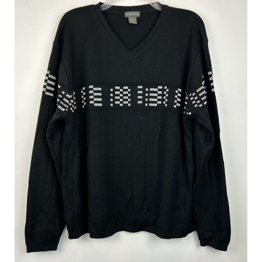 Vtg Sweater Mens L Wool Blend Italy Black Acrylic Pullover Geometric Cortina